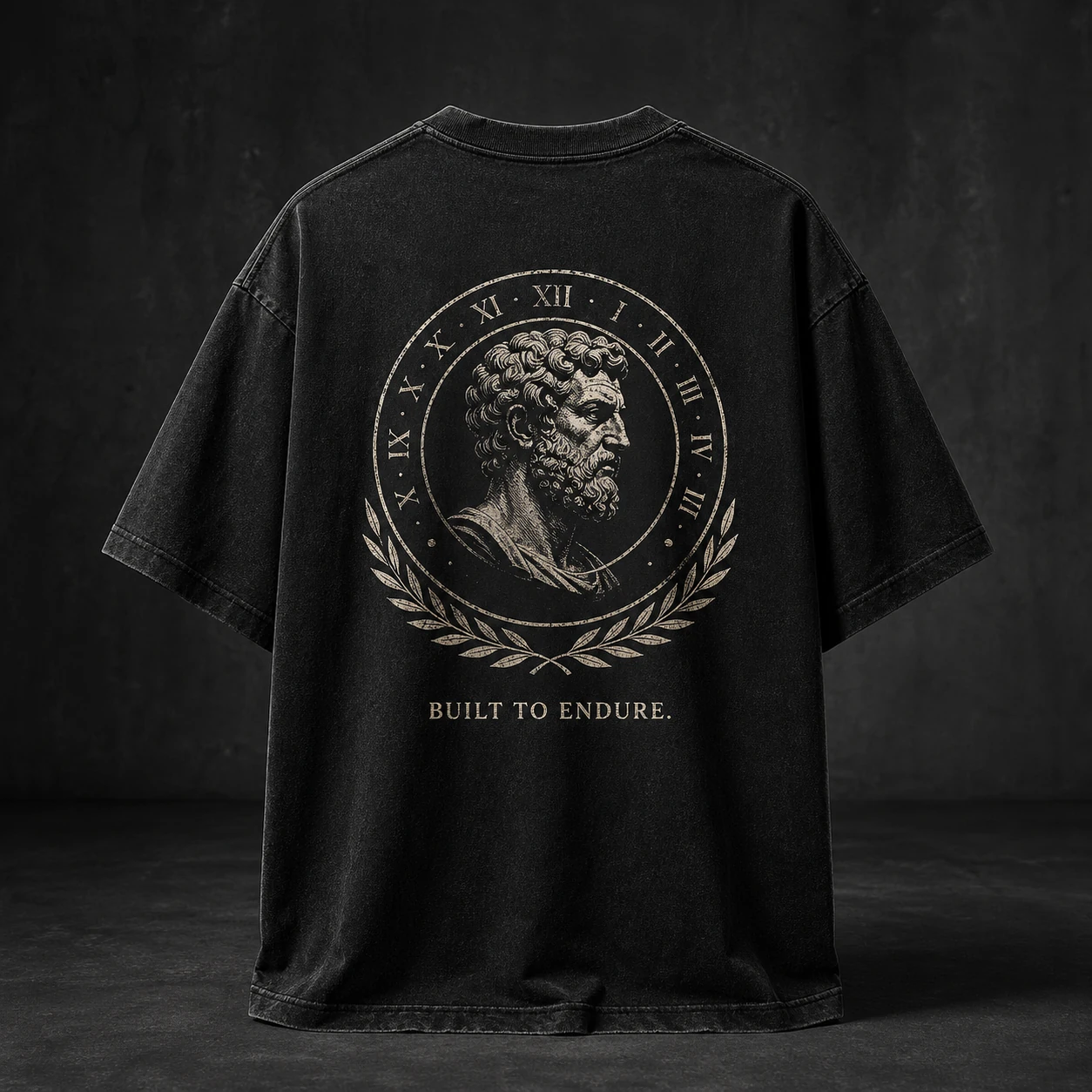 Black garment with a gold Marcus Aurelius graphic